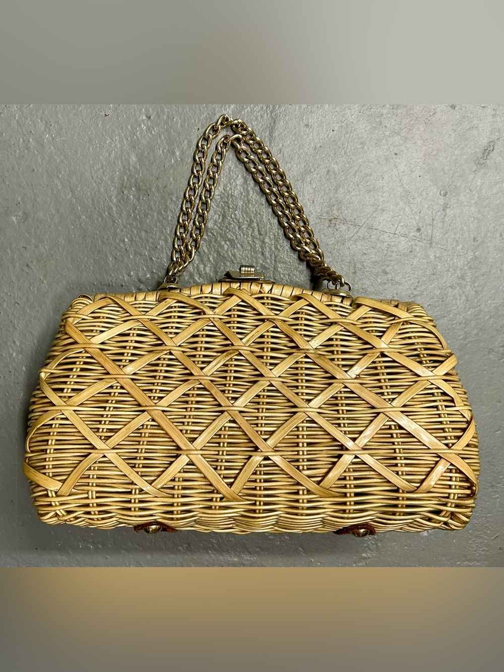 Vintage 1960s Basket Purse Woven Rattan Chain-Handle Women’s Clutch - Natural